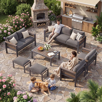 7 Piece Aluminum Patio Furniture Set, Modular Outdoor Conversation Set With Thick Cushions For Patio, Balcony, Backyard