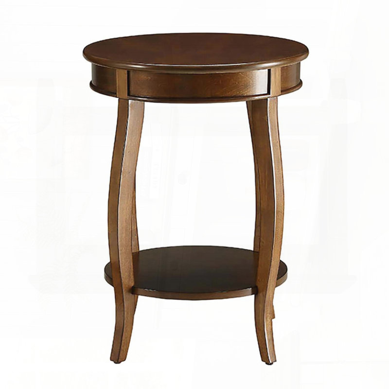 Walnut Round Side Table with Bottom Shelf and Cabriole Legs, Brown