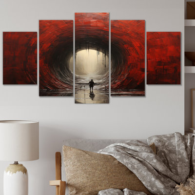 Abstrait rouge, tunnel en bois I, art mural toile, 5 panneaux