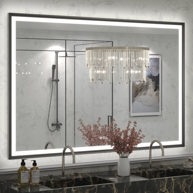 Molly Black Metal Framed LED Front Light and Backlit Anti-Fog Wall Bathroom/ Vanity Mirror, 60" x 40"