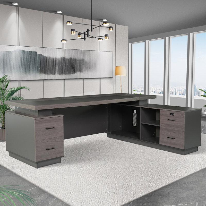 Nafis Gray L-shaped office computer desk with two lockers，The long cabinet on the right side of the desk