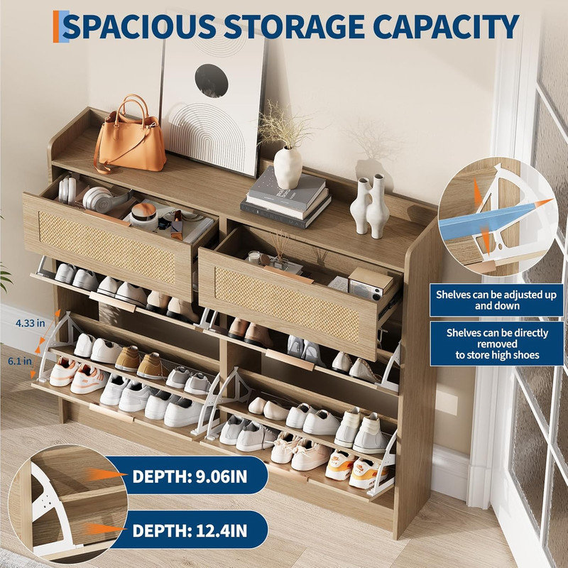 24 Pair Shoe Storage Accessory, Beige Wood