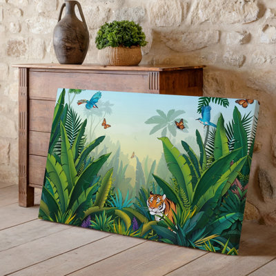 Reproduction d'art sur toile, "Une scène de jungle vibrante remplie de plantes tropicales surdimensionnées et luxuriantes, y compris de grands bananiers et des feuilles de palmier"
