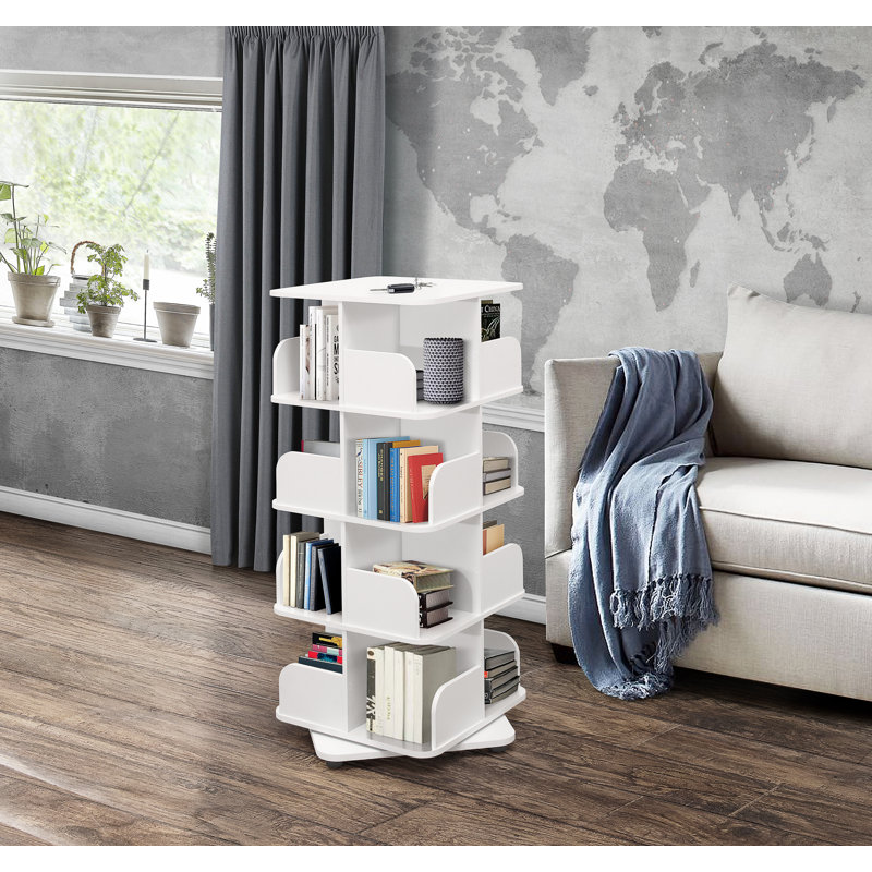 Bibliothèque rotative en bois Holthaus avec tablettes de rangement ouvertes pour livres, DVD et présentoir multimédia, Blanc