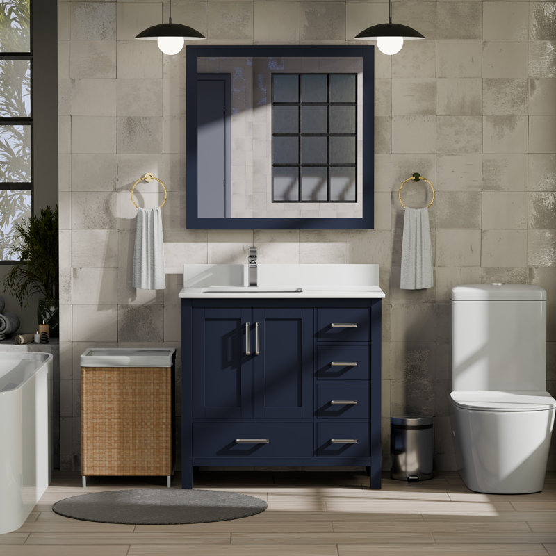 Jacques 36 in. W x 22 in. D Left Offset Bath Vanity, Faucet Set, & 34 in. Mirror, Navy Blue, White Quartz
