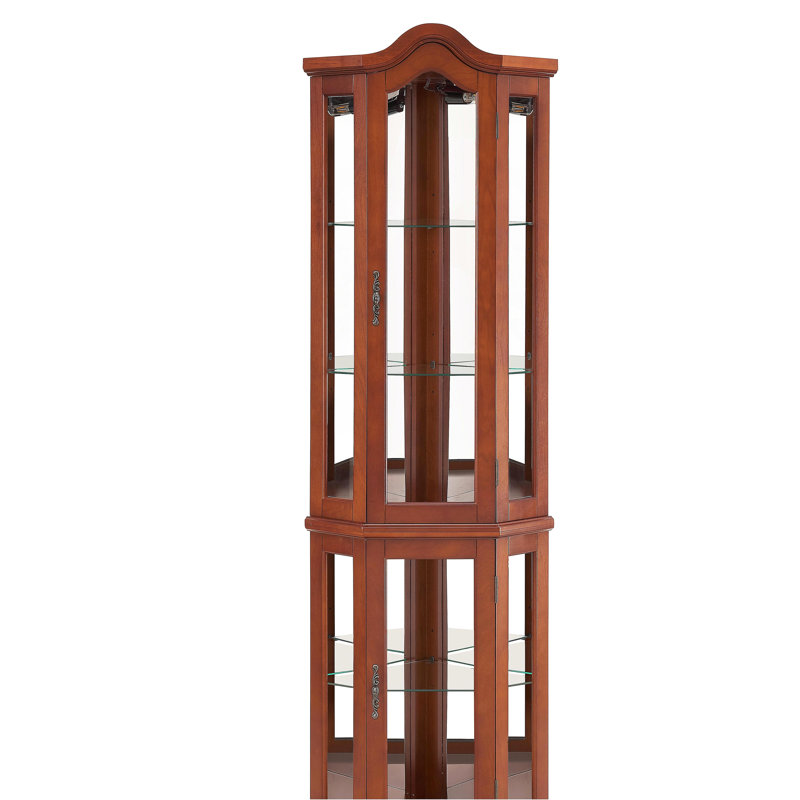 Corner Curio Cabinet with Lights, Adjustable Tempered Glass Shelves, Mirrored Back, Display Cabinet,Walnut(E26 light bulb not included)