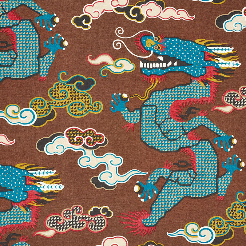 Schumacher x Johnson Hartig Magical Ming Dragon Fabric, Brown