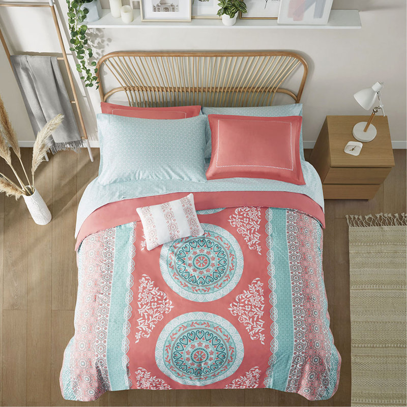 Ensemble d'édredon pour grand lit avec draps, Grand édredon et 8 pièces supplémentaires, Corail