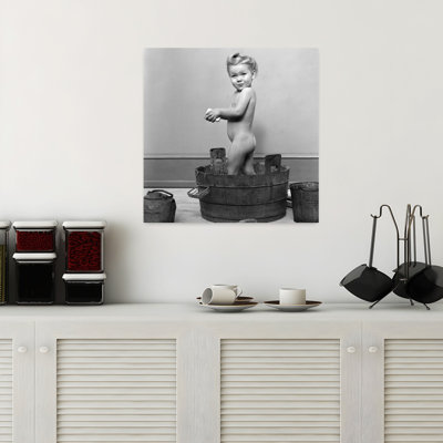 1940S Little Blond Girl Standing In Wooden Washtub Holding Bar Of Soap Taking A Bath Classic Retro Vintage Portrait Wall Art
