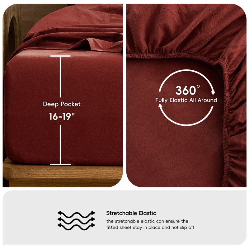 MooMee Sheet Set Extra Deep Pocket 100% Washed Cotton Linen Like Textured Lightweight Breathable, Fired Brick Red