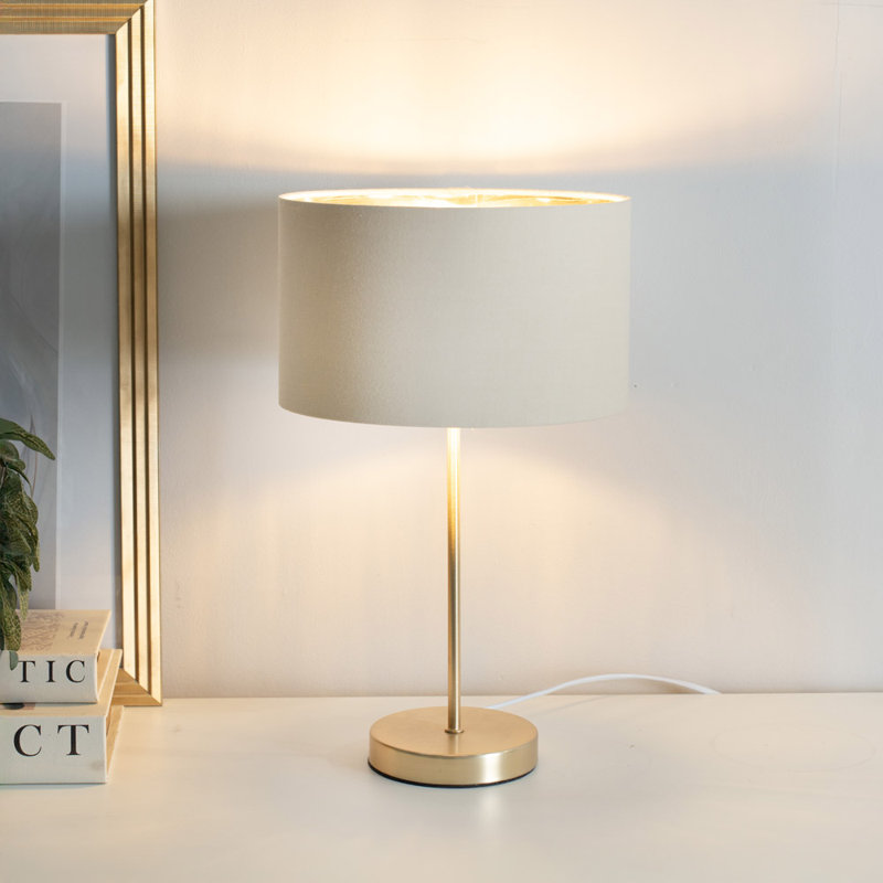 Charlie Gold Stem Metal Table Lamp with Natural with Gold Inner Lamp Shade and LED Bulb, Black, Gold Base/Cream Shade, Yes