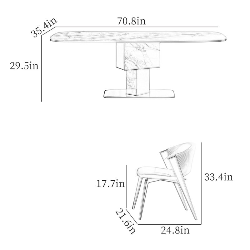 Simple Rectangular Rock Slab Dining Table Sets, 29.5"H x 70.8"L x 35.4"W