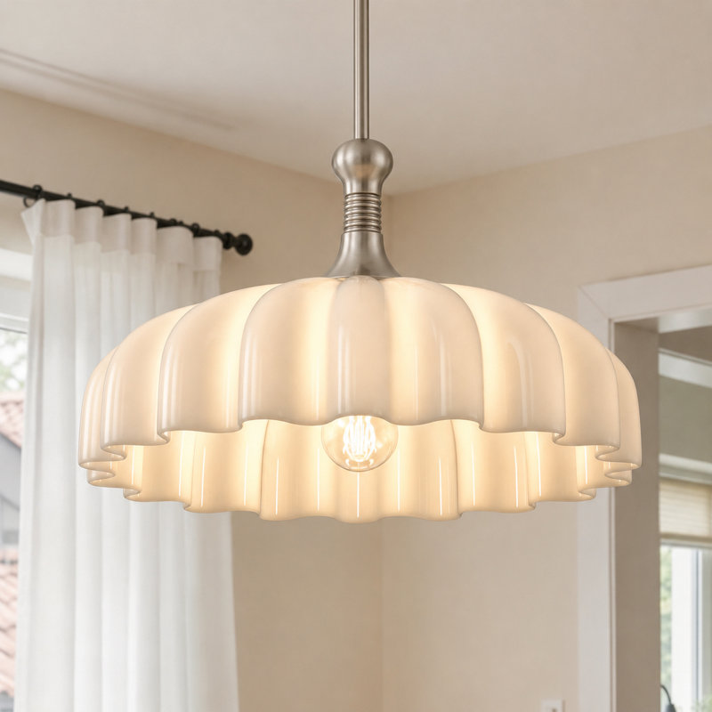 1 - Light Single Pendant With Milk White Glass Shade, Nickel