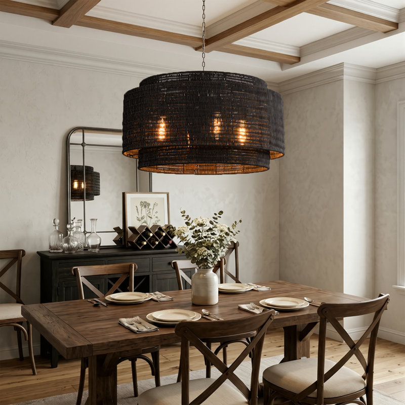 4-light 28"W Hand-Woven Rattan Modern Farmhouse Drum Chandelier with Matte Black Metal for Dining Room or Bedroom