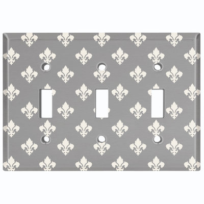 Metal Light Switch Plate Outlet Cover (Fleur De Lis Grey - Triple Toggle)