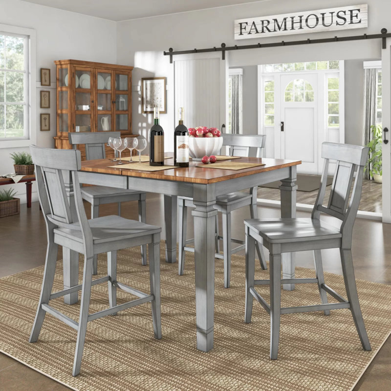 Extendable Dining Set, Antique Gray, Counter Stool (24.21" Seat Height)