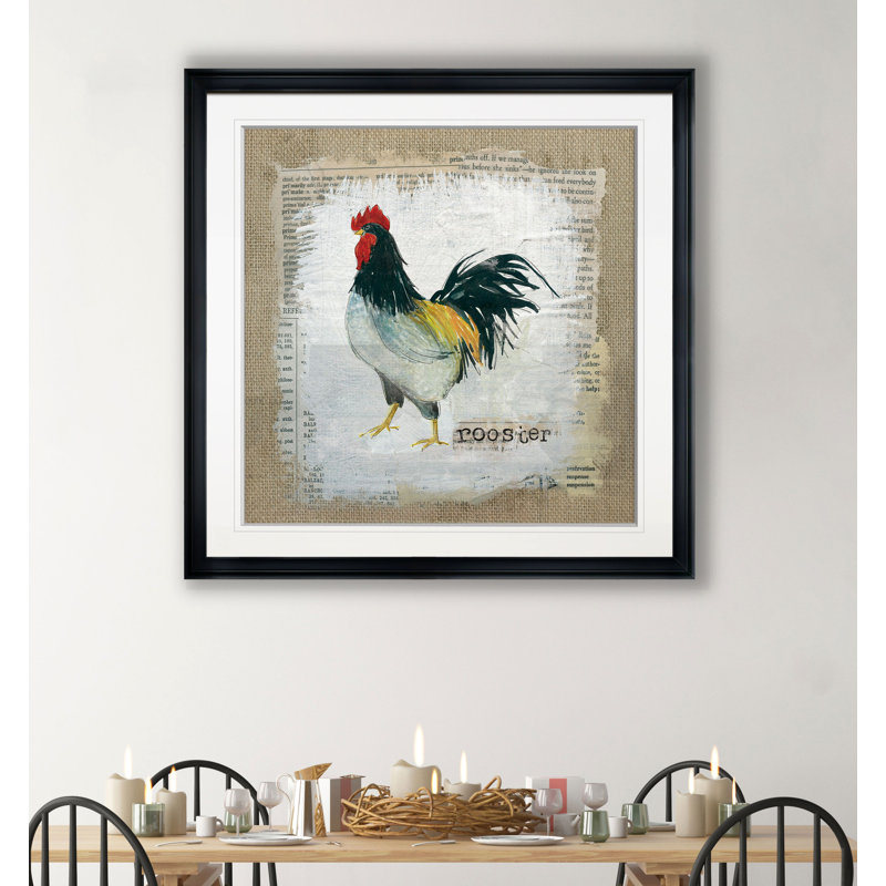 «Burlap Rooster», reproduction d'impression sur papier, H 30,5 po x l 30,5 po x P 1,5 po, Cadre plastique noir