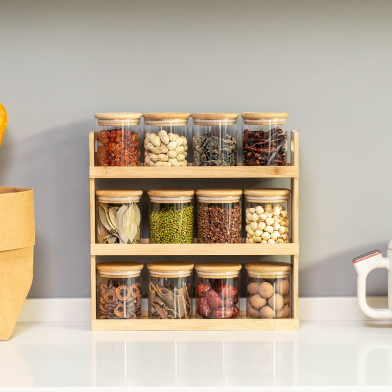 Versatile 3-tier Bamboo Spice Rack And Pantry Organizer With 12 Glass Jars - Perfect For Countertop Storage In Kitchens To Keep Seasoning Containers Neatly Displayed And Easily Accessible