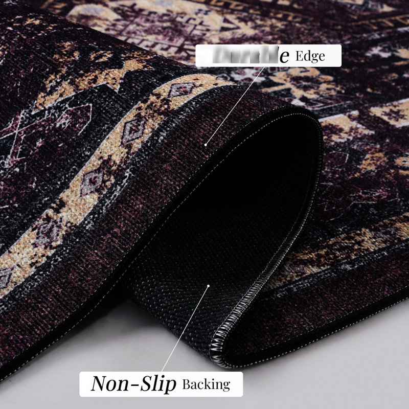 Area Rug 5x8 Washable - Non-slip, Soft, Low-pile For Bedroom, Living Room, Kitchen, Dining Room & Pet Black+burgundy Non-shedding, Foldable, Mat