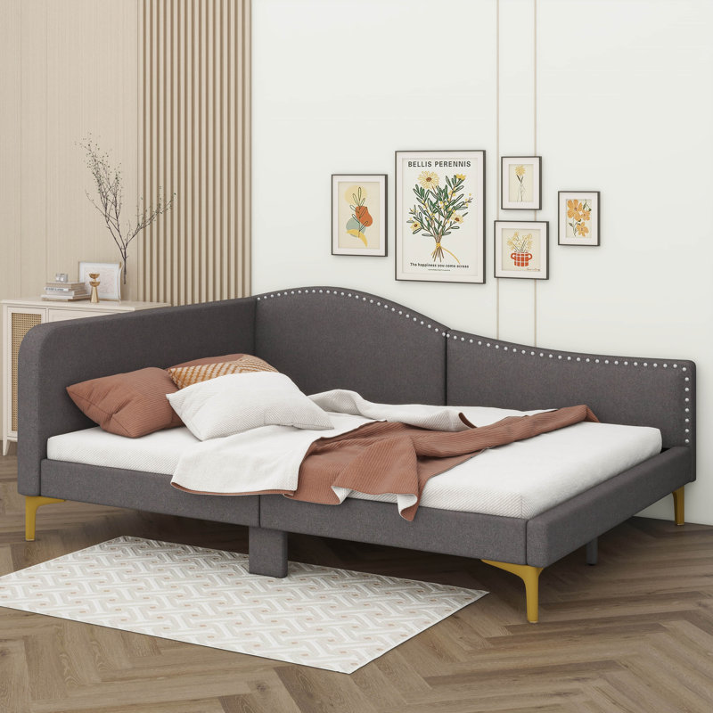Lit de jour rembourré luxueux avec tête de lit élégante et accoudoirs confortables, Lit double, Gris