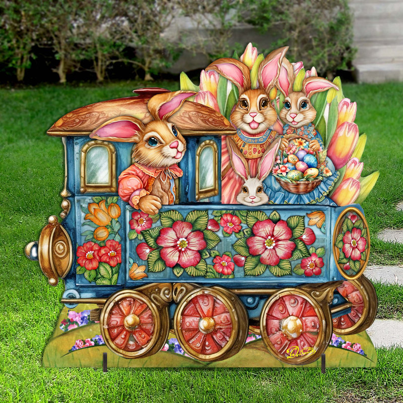 Train de lapin de Pâques, décor de pelouse de Pâques par G. Debrekht, Bleu, H 32 po x l 16 po x P 16 po