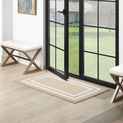 Double Border Machine Tufted Performance Beige/White Rug