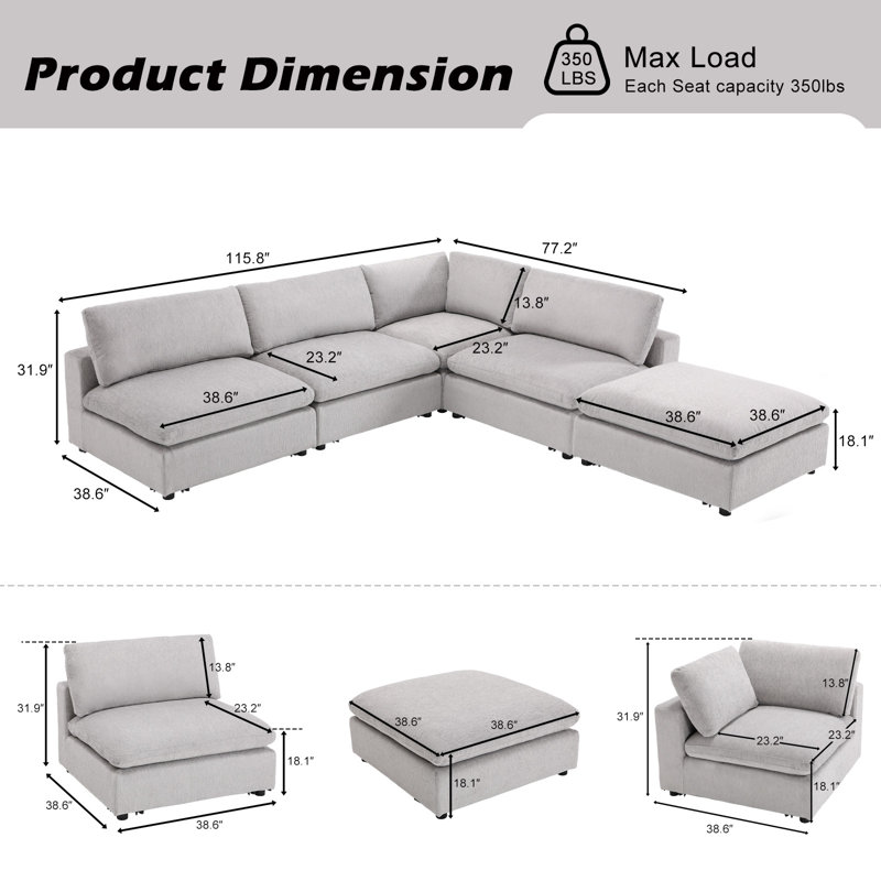 Canapé modulaire rembourré 5 pièces avec repose-pieds Nuccio, Gris clair, Noir mat