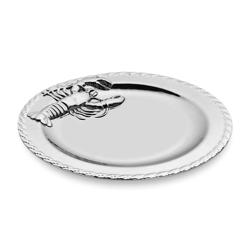 Coastal Luxury: Plateau rond en porcelaine plaquée argent de 13 pouces - Élégante vaisselle résistante à la ternissure pour une salle à manger et des réceptions haut de gamme