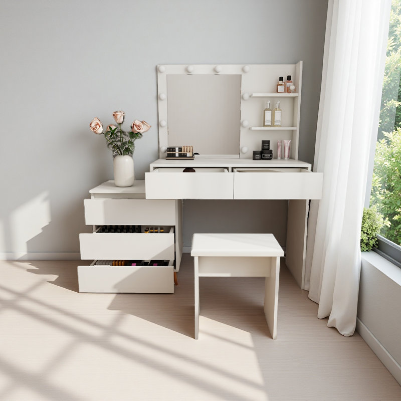 LED Lighted Makeup Vanity Table With Mirror - White Beauty Station With Storage Drawers, Matching Stool