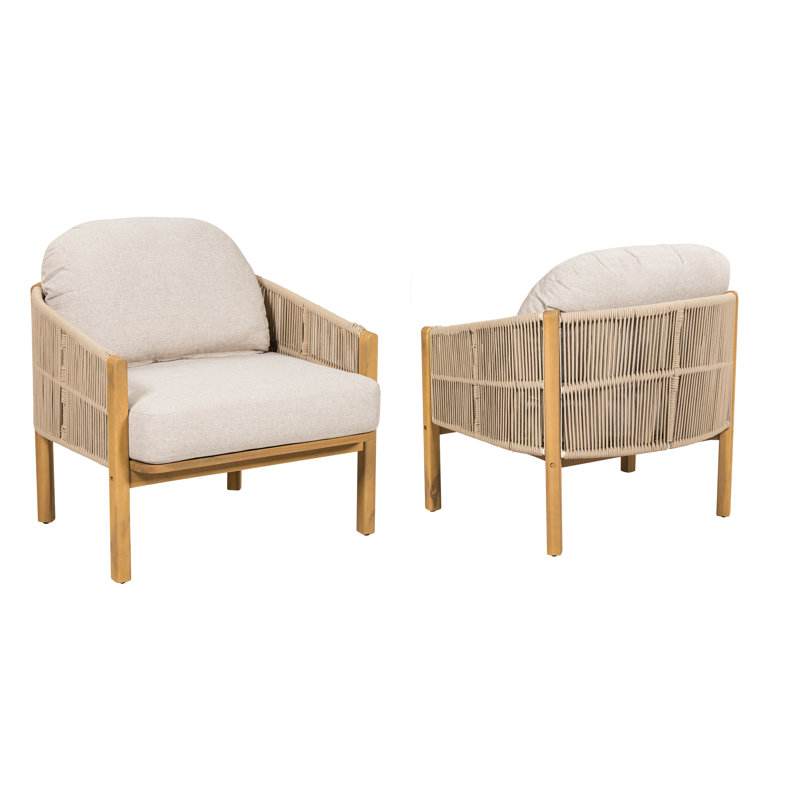 Fauteuil club d'extérieur Grotta, corde avec coussin, ensemble de 2, Coussin beige / structure en teck