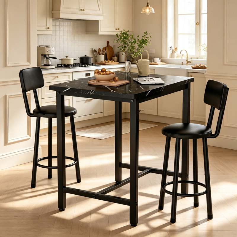 Ensemble de salle à manger industriel haut, table de pub compacte 3 pièces avec 2 tabourets confortables, options de marbre et de bois rustique pour studio et café, noir