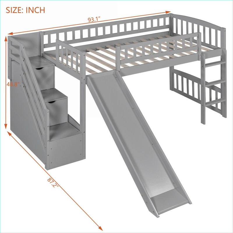 Lit mezzanine simple en bois massif gris avec glissière convertible et tiroirs de rangement pour les petites chambres