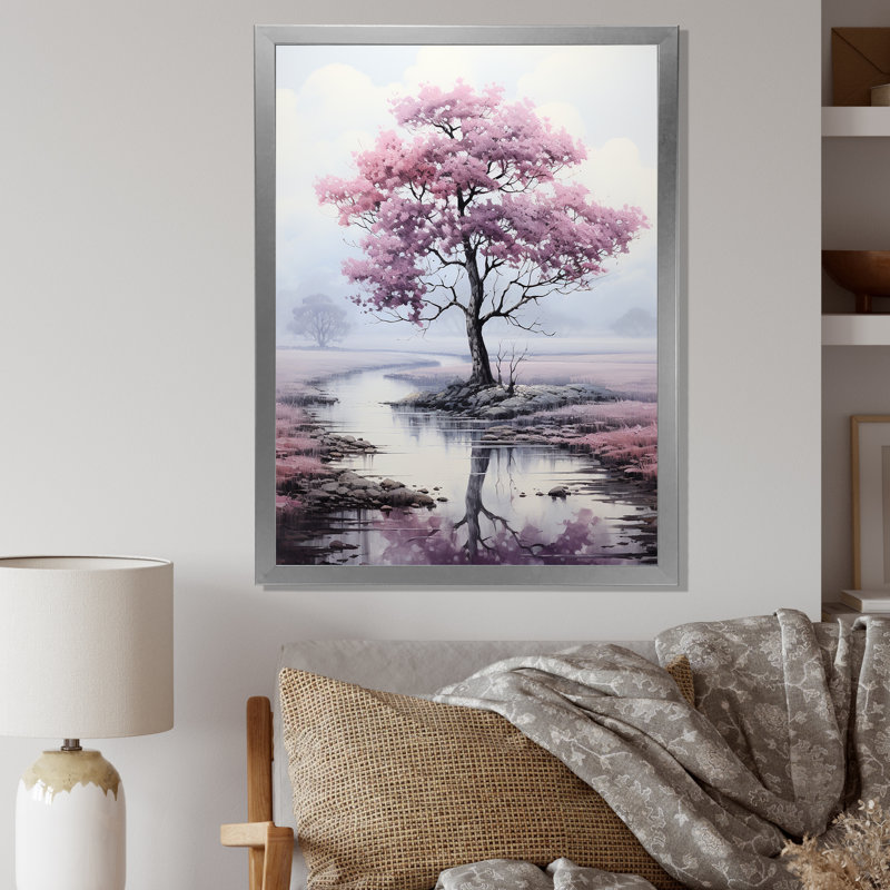 «Pink Tree Silent Whispers» - décoration murale florale, Cadre photo argenté, H 44 po x l 34 po x P 1,5 po