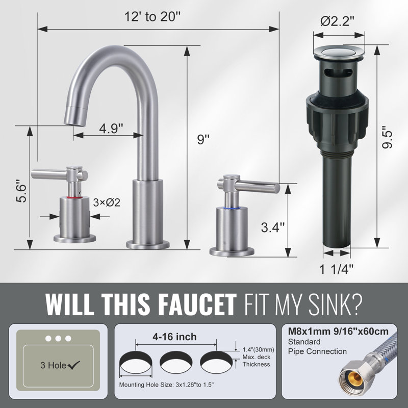 Widespread 2-handle Bathroom Faucet with Drain Assembly, Brushed Nickel