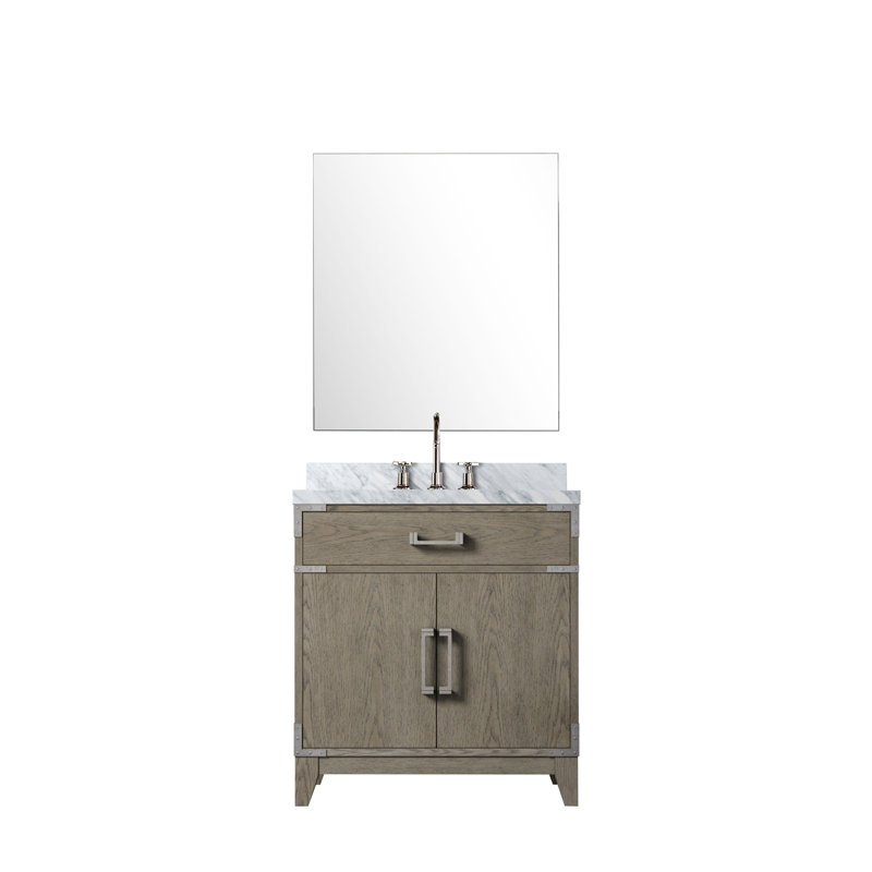 Laurel 36 in W x 22 in D Single Bath Vanity Mirror and Faucet Set, Gray Oak, White Carrara Marble