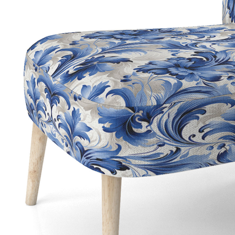 Chaise d'appoint rembourrée Cottage A, Motif victorien de tourbillons ornementaux bleu de