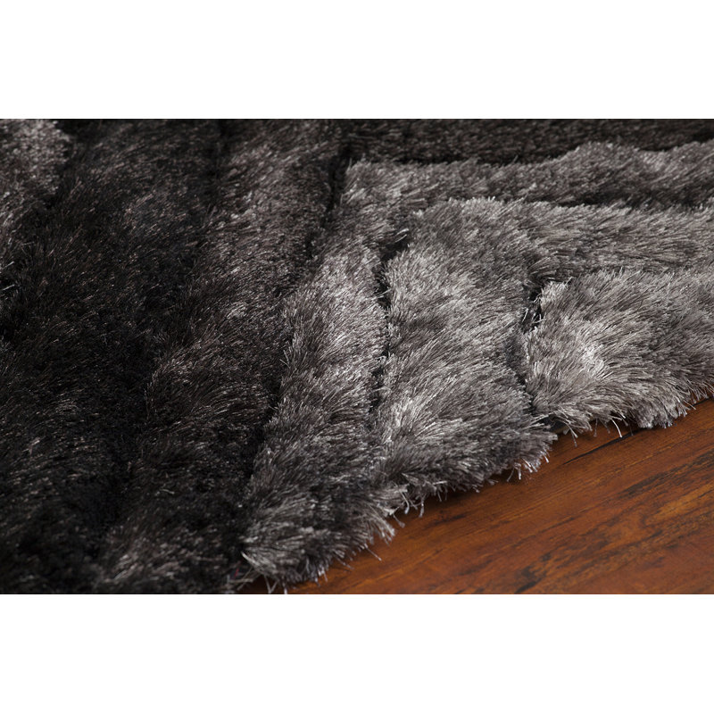 Helene Authentic Hand-Woven Handmade Black, Gray & Silver Modern Geometric Shag Polyester Area Rug, Rectangle 9' x 13'