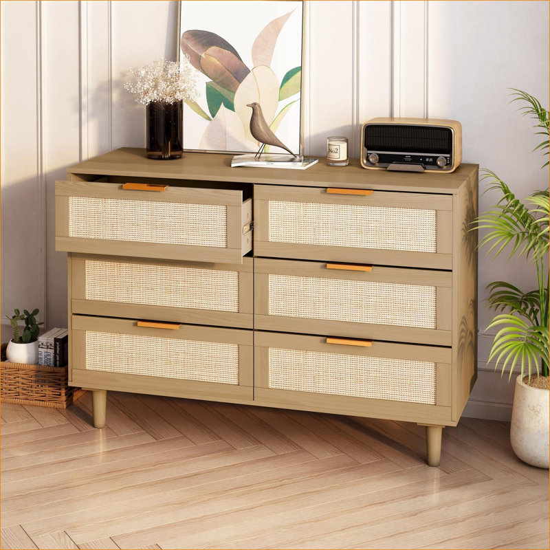 Commodes | Commode de rangement à 6 tiroirs Natural Rattan, brun noyer, multi-pièces | Moderne | Panneau de particules