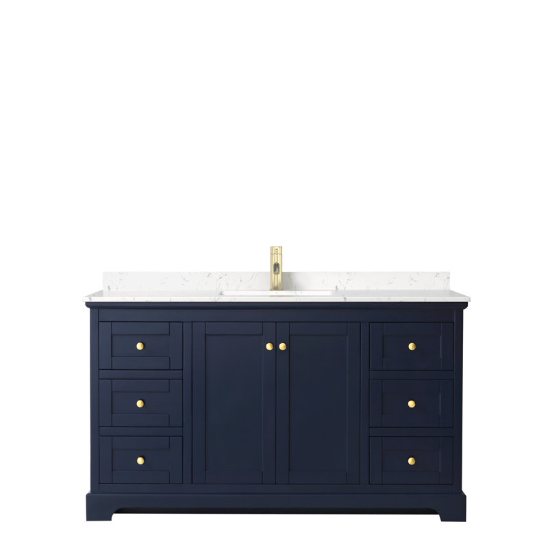 Avery 60'' Single Bathroom Vanity with Top, Carrara Cultured Marble, Dark Blue, Brushed Gold