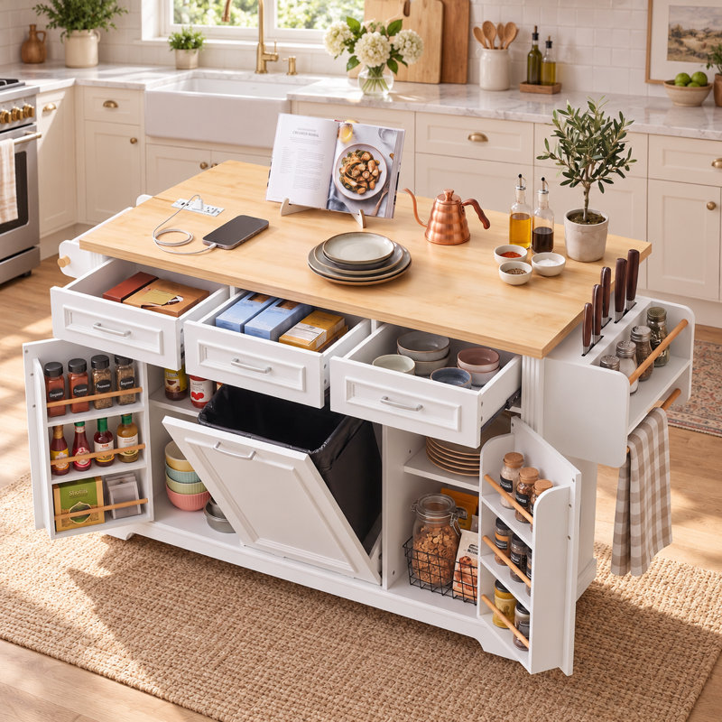Îlot de cuisine mobile de style ferme moderne de 65 pouces avec abattant, armoire à poubelle inclinable et prise électrique