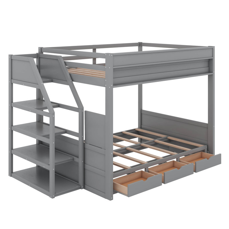 Full Size Convertible Bunk Bed With Drawers, Gray