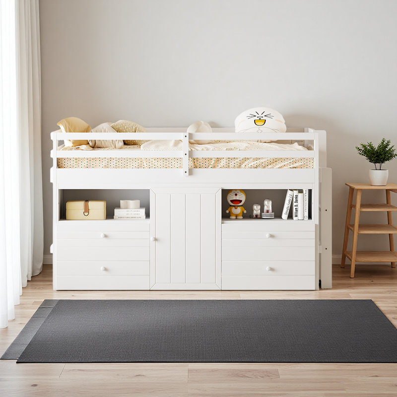 Lit mezzanine simple avec 4 tiroirs, sous l'armoire et les tablettes, Blanc