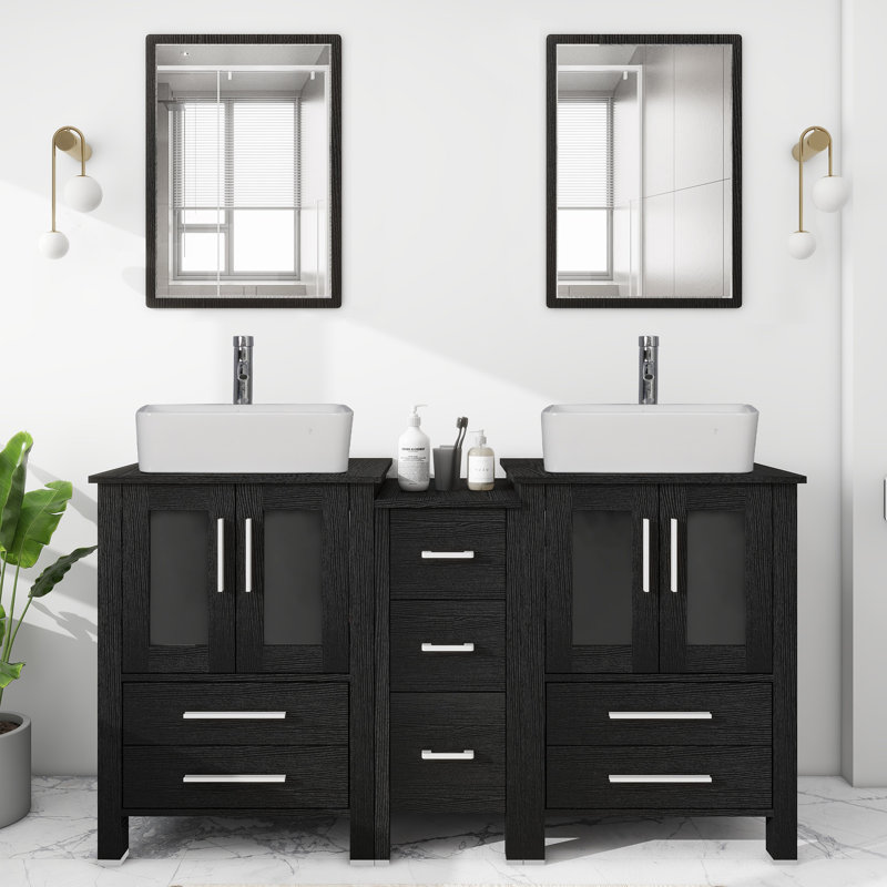 Ensemble de meuble-lavabo double 60 po avec plateau en bois manufacturé , miroir non inclus , Noir