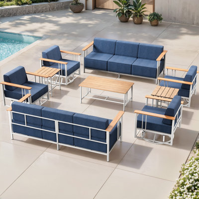 Ensemble de patio extérieur en osier 9 pièces avec canapé, chaises berçantes pivotantes et table basse