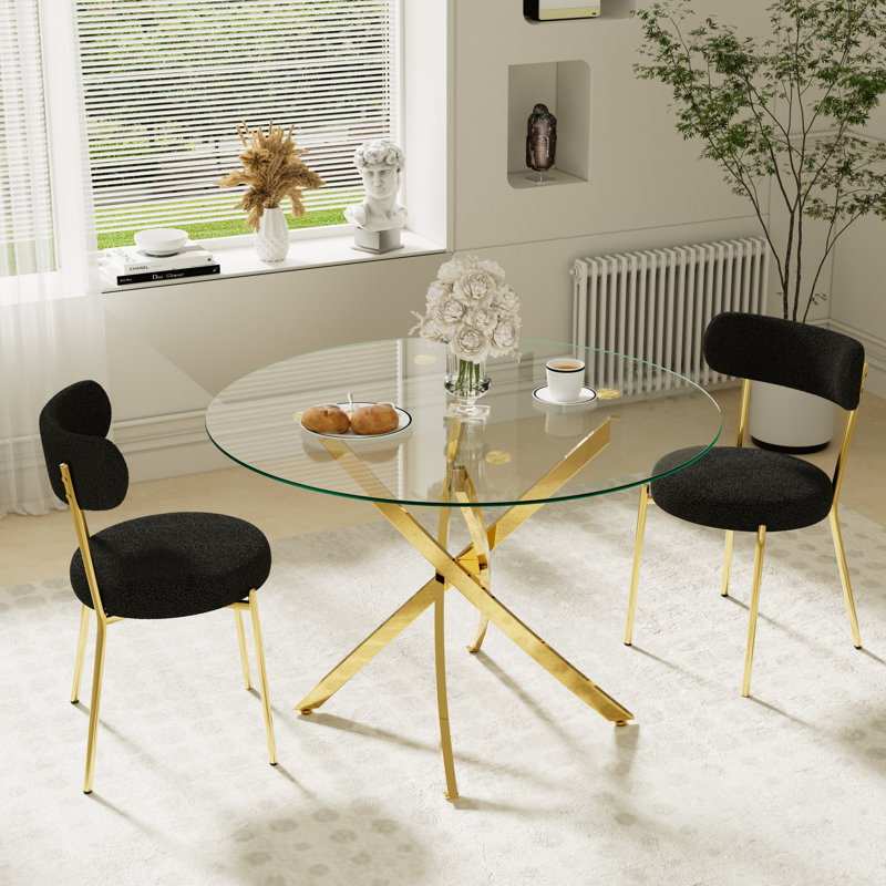 3-Piece Round Glass Dining Table Sets, Black/Gold, Gold