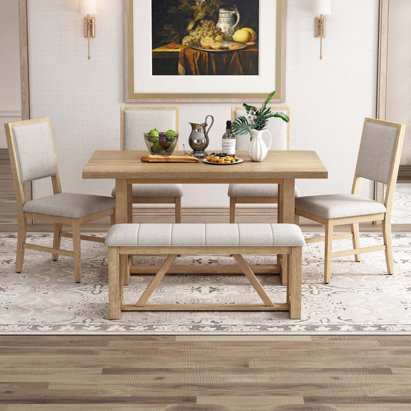 6-Piece Retro Dining Table Set For 6, 60" Wood Kitchen Table and Chairs Set of 4 With Bench Designed Trestle Base For Kitchen Dining Room
