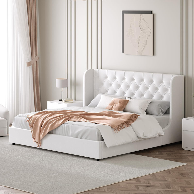 Wingback Velvet Upholstered Bed With 2 Farmhouse Nightstands – 3-Piece Bedroom Set, Full, White