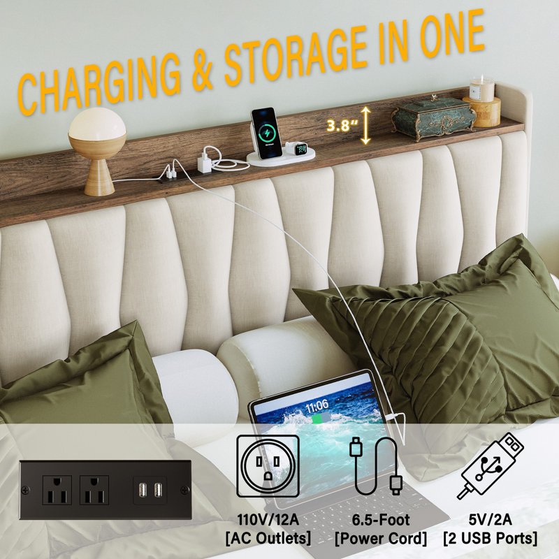 Upholstered Bed Frame with 3 Drawers, Bed with Storage Headboard and Charging Station