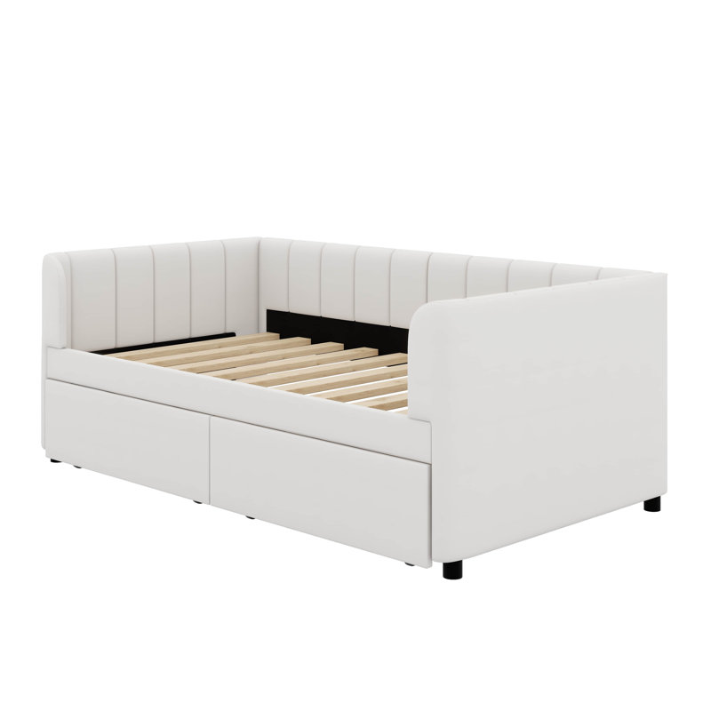 Twin Size Upholstered Daybed With Drawers, Beige