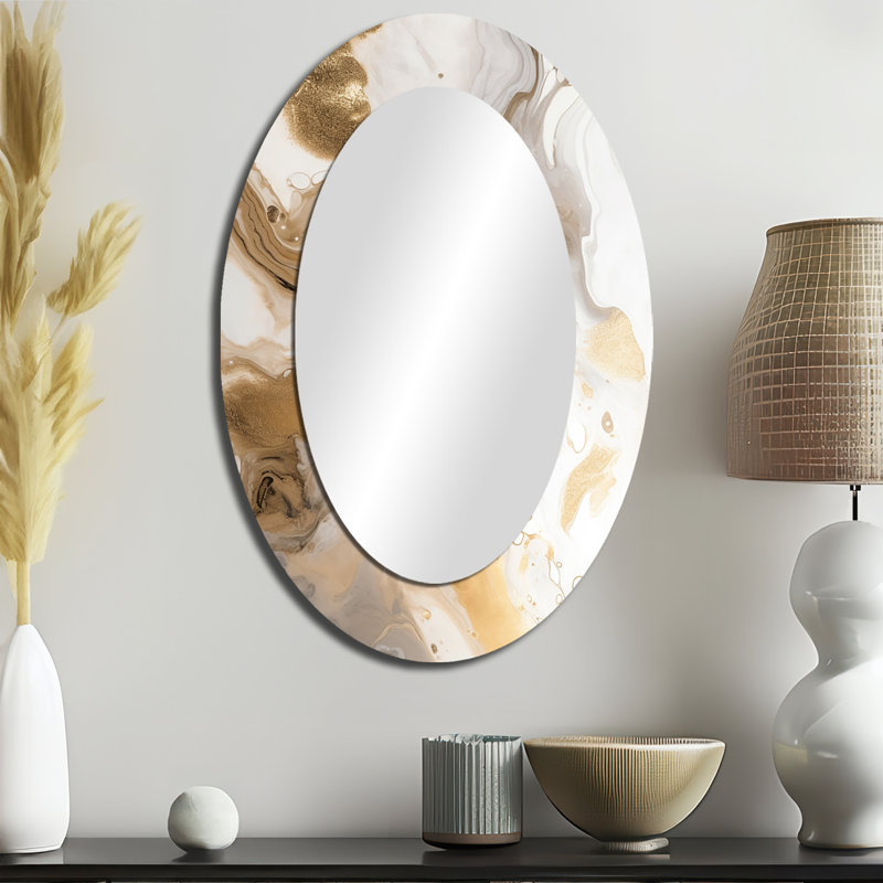 Gold And Grey A Marble Effect IV - Large Oval Wall Mirror On Metal, 36" x 24"